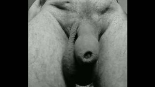 Гей ходит по комнате и трясёт на камеру своими большими яйцами и вялым писюном