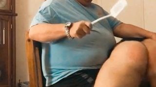 Наказание непослушного сына толстым отцом с поркой по заднице лопаткой и ремнём